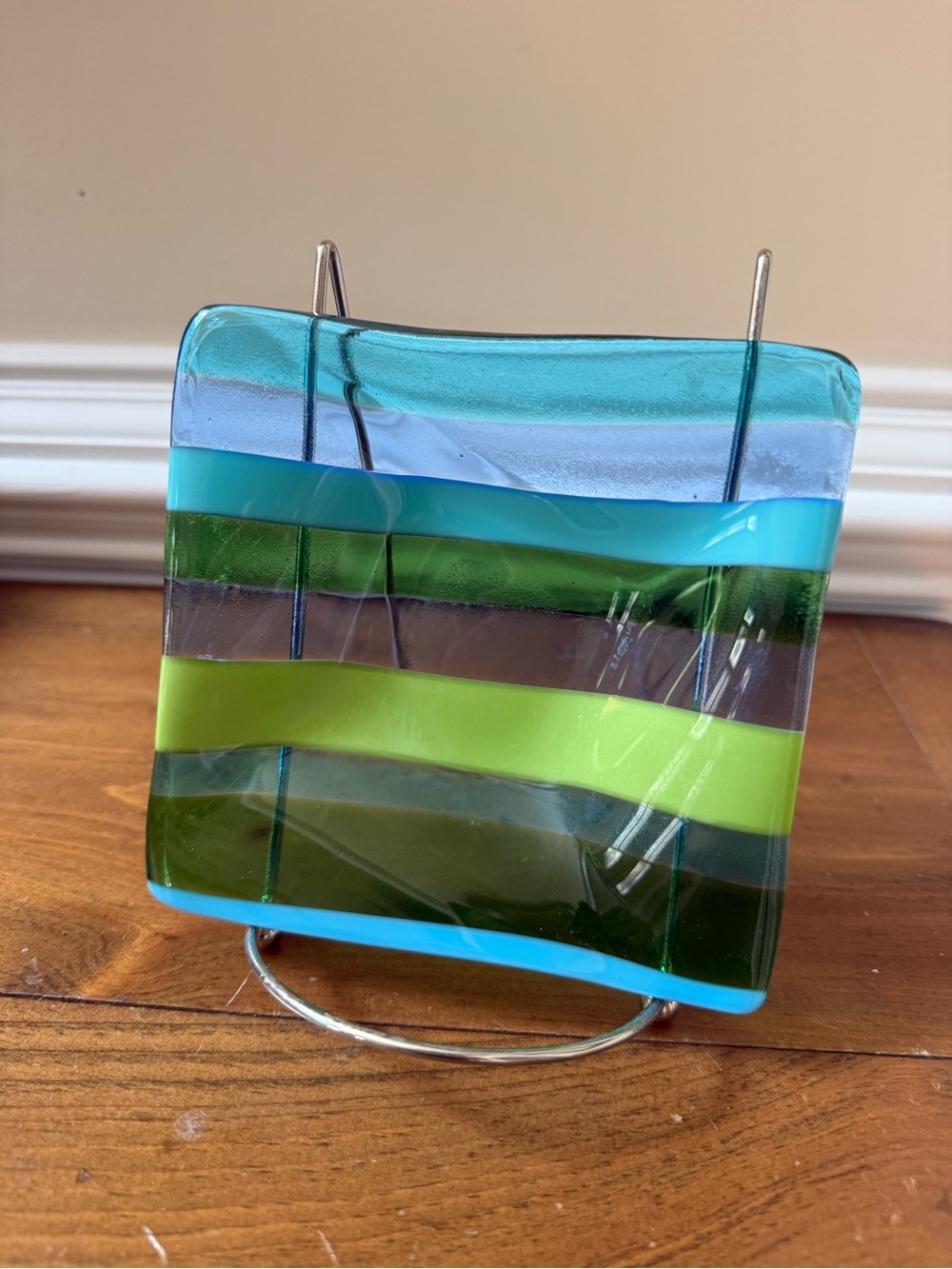 Blue and Green Striped Fused Glass Curved Decorative Plate